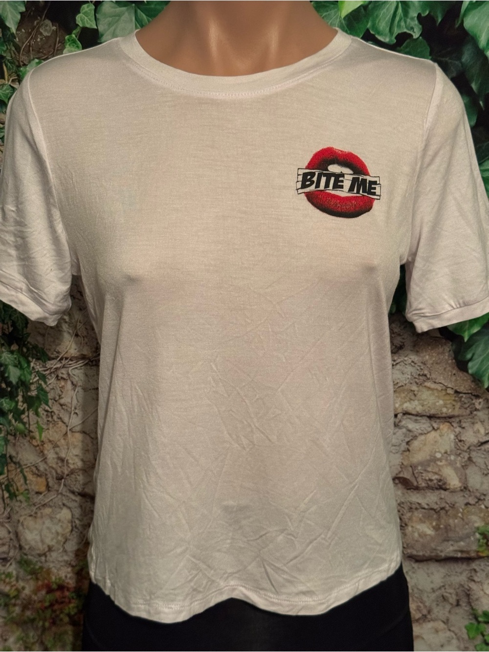 White Baby Tee with Red 'Bite Me' Lip Graphic